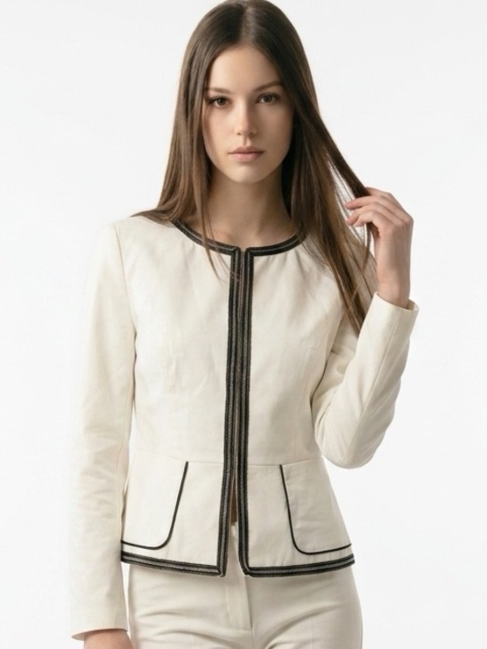 Yimei Blazer Women Size S White New Contrast Trim Collarless Open Front BL9L401C